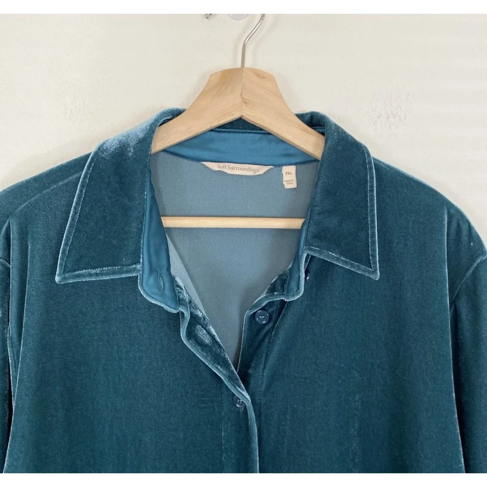Soft Surroundings Teal Blue Velvet Button‎ Down Shirt Petite PXL Soft Luxe S - Picture 4 of 8